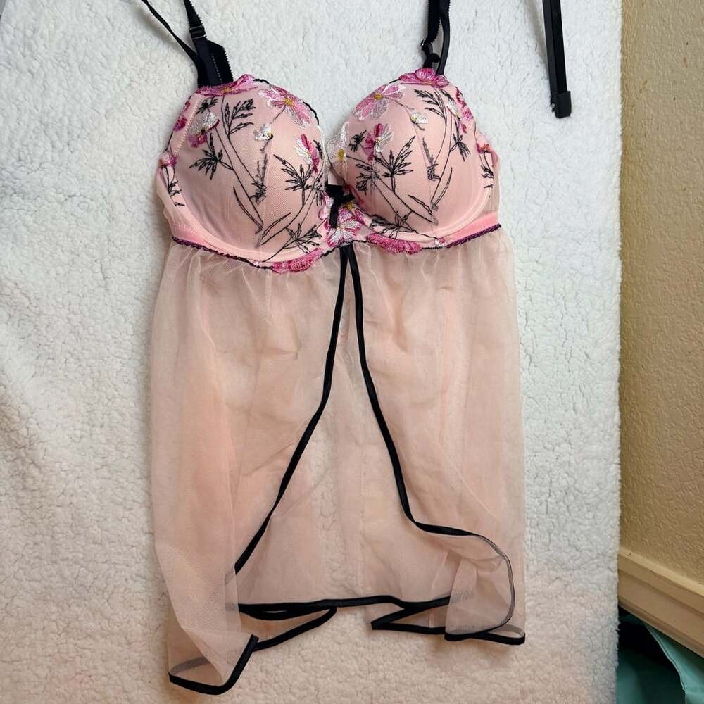 Victoria's Secret Babydoll Size 34D Pink Floral Mesh Slip Lingerie